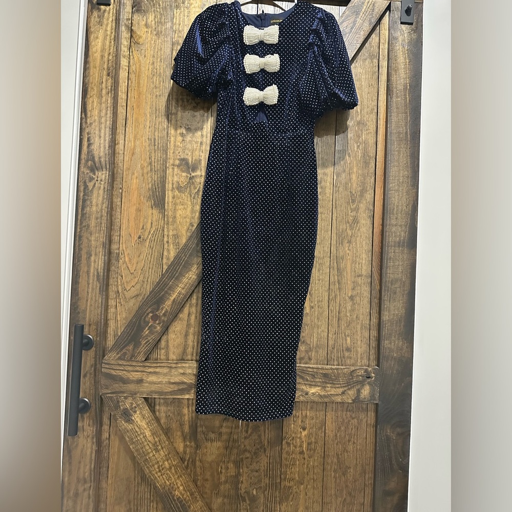 Navy shimmer gown with white beaded bows. Size XS.
